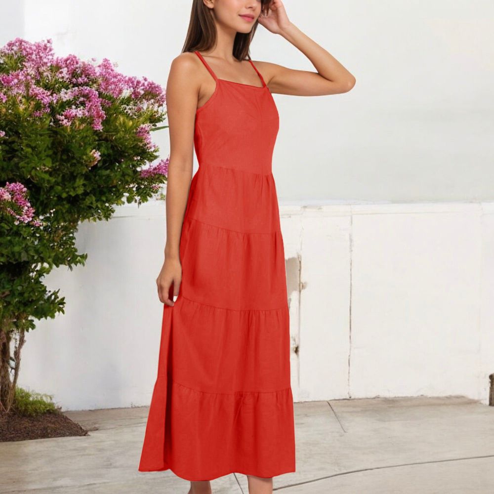 Spaghetti Strap Tiered Maxi Dress with Square Neckline and Flowy Skirt