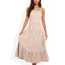 Beige Large Spaghetti Strap Tiered Maxi Dress with Square Neckline and Flowy Skirt