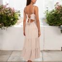 Beige Large Spaghetti Strap Tiered Maxi Dress with Square Neckline and Flowy Skirt