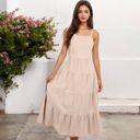 Beige Large Spaghetti Strap Tiered Maxi Dress with Square Neckline and Flowy Skirt