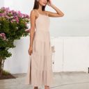 Beige Large Spaghetti Strap Tiered Maxi Dress with Square Neckline and Flowy Skirt