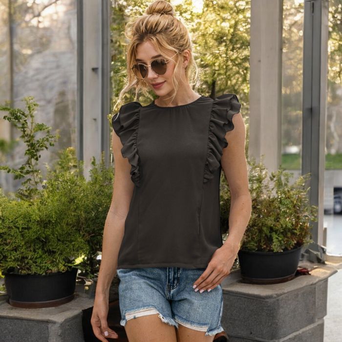 Sleeveless Top with Ruffle Trim Detailing