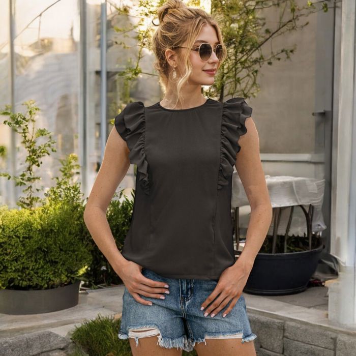 Sleeveless Top with Ruffle Trim Detailing