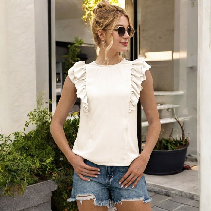 Sleeveless Top with Ruffle Trim Detailing