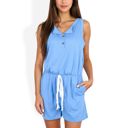  Sleeveless Button Front Romper with Drawstring Waist and Pockets