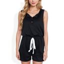 Black Large Sleeveless Button Front Romper with Drawstring Waist and Pockets