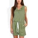 Green Large Sleeveless Button Front Romper with Drawstring Waist and Pockets