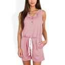 Pink Large Sleeveless Button Front Romper with Drawstring Waist and Pockets