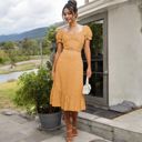 Yellow Medium Floral Puff Sleeve Two-Piece Dress with Cutout Waist Detail