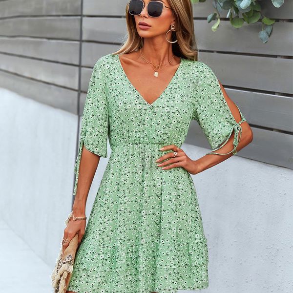 Floral Print Wrap Dress with Tie Sleeves and Tiered Hem