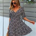 Black Large Floral Print Wrap Dress with Tie Sleeves and Tiered Hem