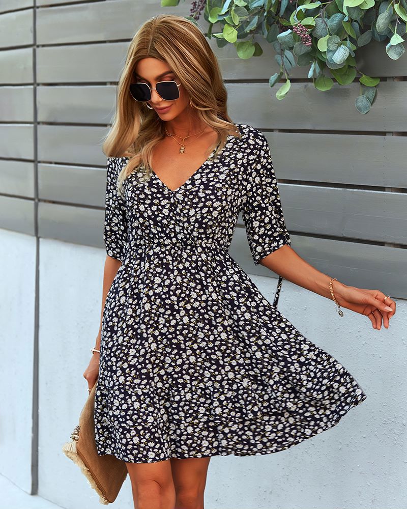 Floral Print Wrap Dress with Tie Sleeves and Tiered Hem