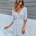 Blue Small Floral Print Wrap Dress with Tie Sleeves and Tiered Hem