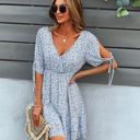 Blue Small Floral Print Wrap Dress with Tie Sleeves and Tiered Hem