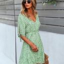 Green Large Floral Print Wrap Dress with Tie Sleeves and Tiered Hem