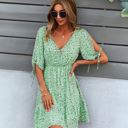 Green Large Floral Print Wrap Dress with Tie Sleeves and Tiered Hem