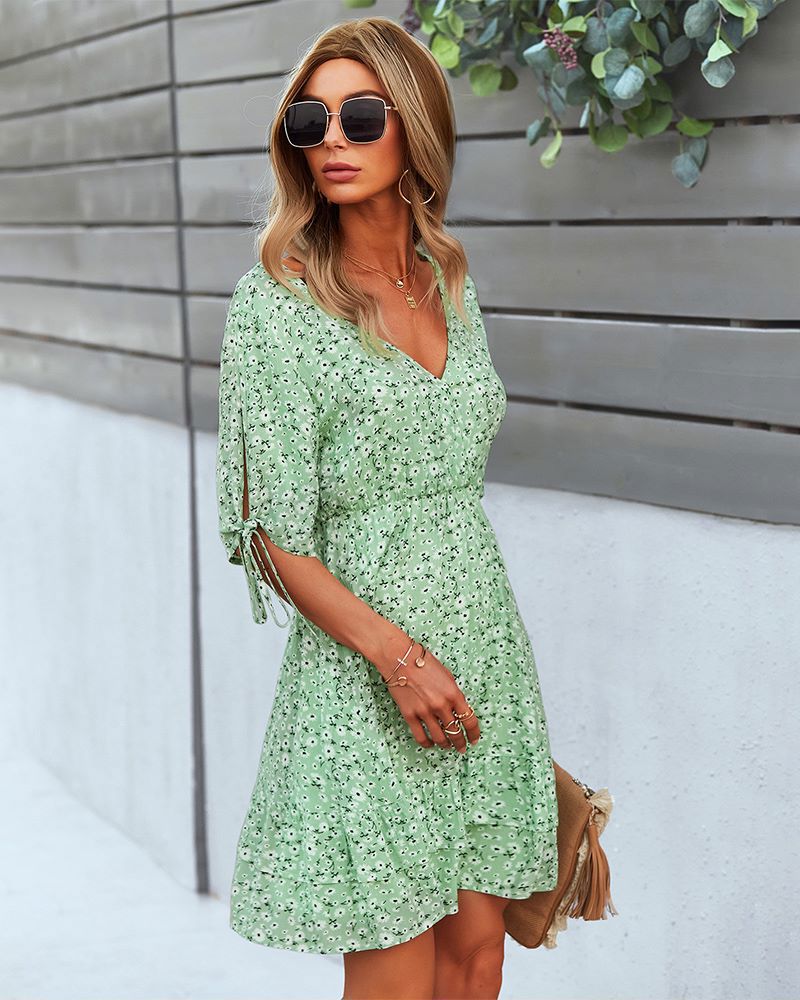 Floral Print Wrap Dress with Tie Sleeves and Tiered Hem