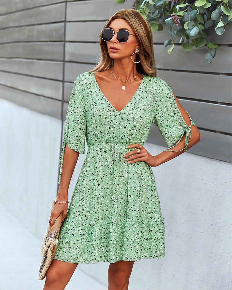 Floral Print Wrap Dress with Tie Sleeves and Tiered Hem