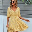 Yellow Large Floral Print Wrap Dress with Tie Sleeves and Tiered Hem