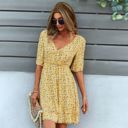 Yellow Large Floral Print Wrap Dress with Tie Sleeves and Tiered Hem