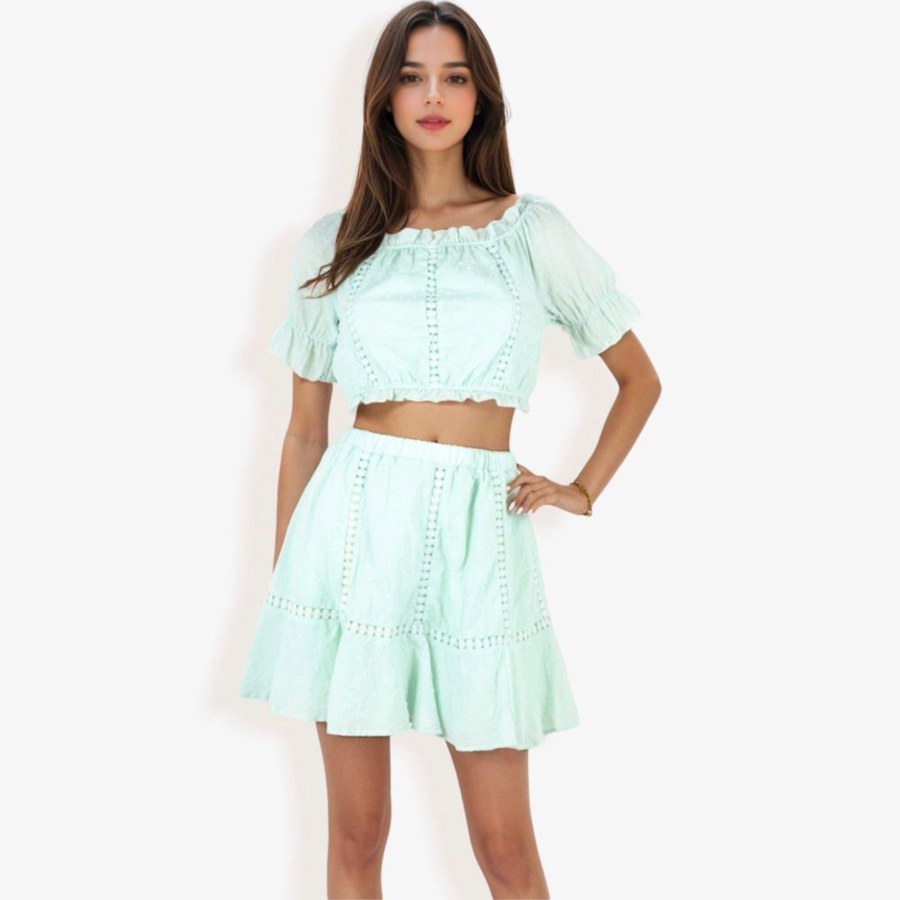 Off Shoulder Eyelet Two Piece Set With Ruffle Trim