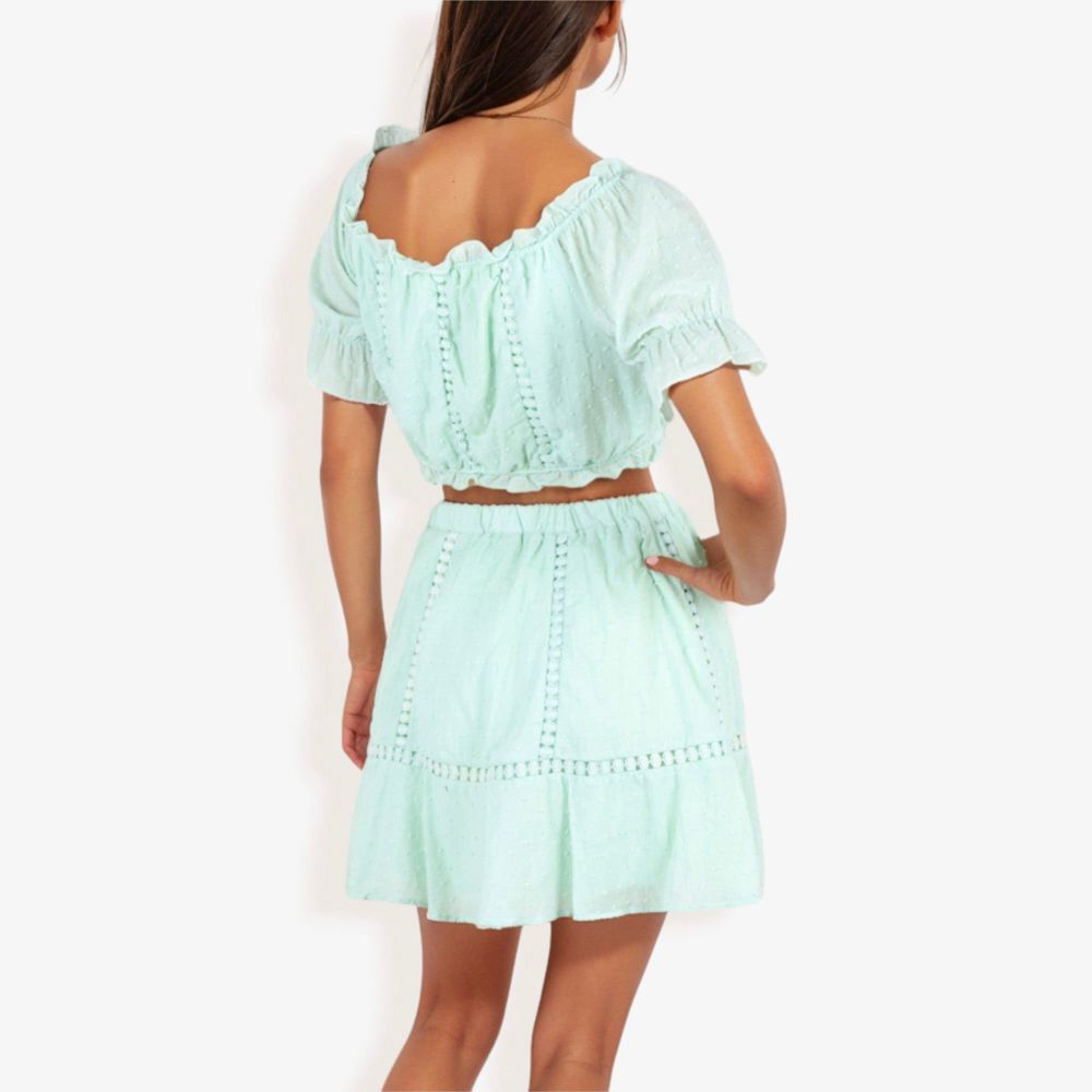 Off Shoulder Eyelet Two Piece Set With Ruffle Trim