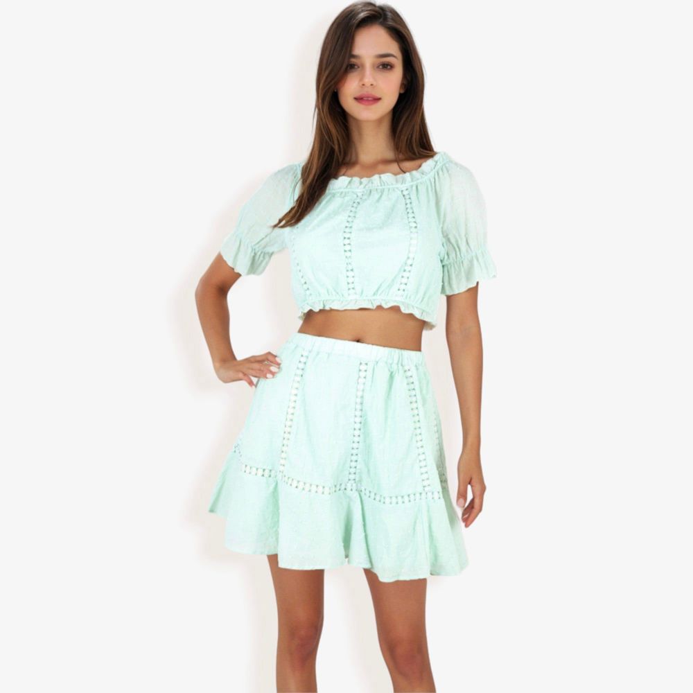 Off Shoulder Eyelet Two Piece Set With Ruffle Trim