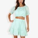 Green Medium Off Shoulder Eyelet Two Piece Set With Ruffle Trim