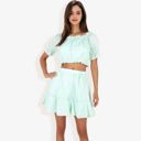 Green Medium Off Shoulder Eyelet Two Piece Set With Ruffle Trim