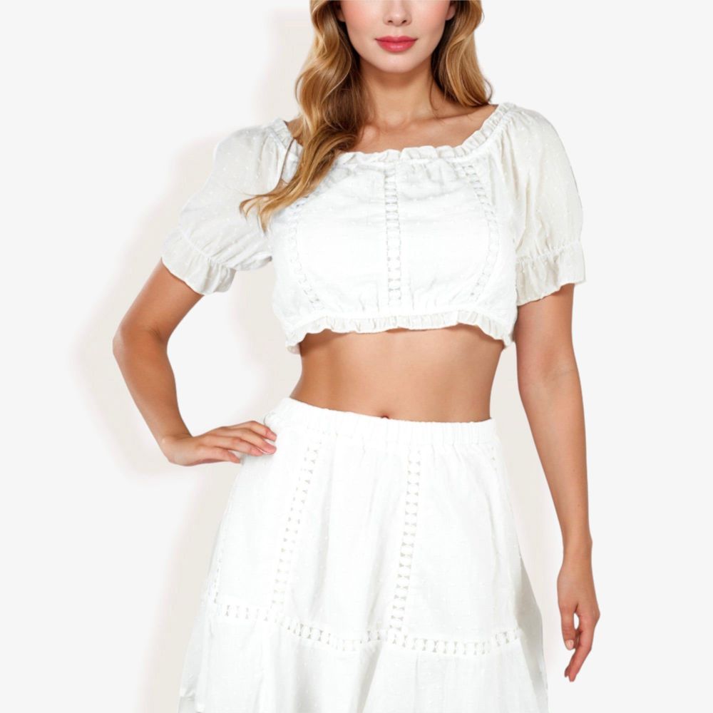 Off Shoulder Eyelet Two Piece Set With Ruffle Trim