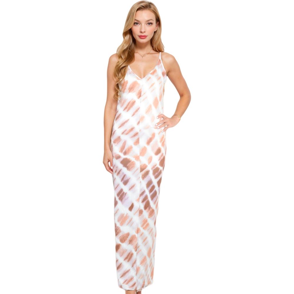 Spaghetti Strap Tie-Dye Maxi Dress with V-Neckline and Flowy Silhouette