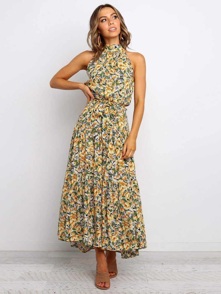 Halter Neck Maxi Dress with Floral Print and Tiered Skirt