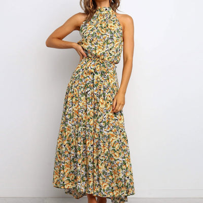 Halter Neck Maxi Dress with Floral Print and Tiered Skirt