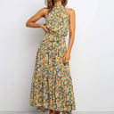  Halter Neck Maxi Dress with Floral Print and Tiered Skirt