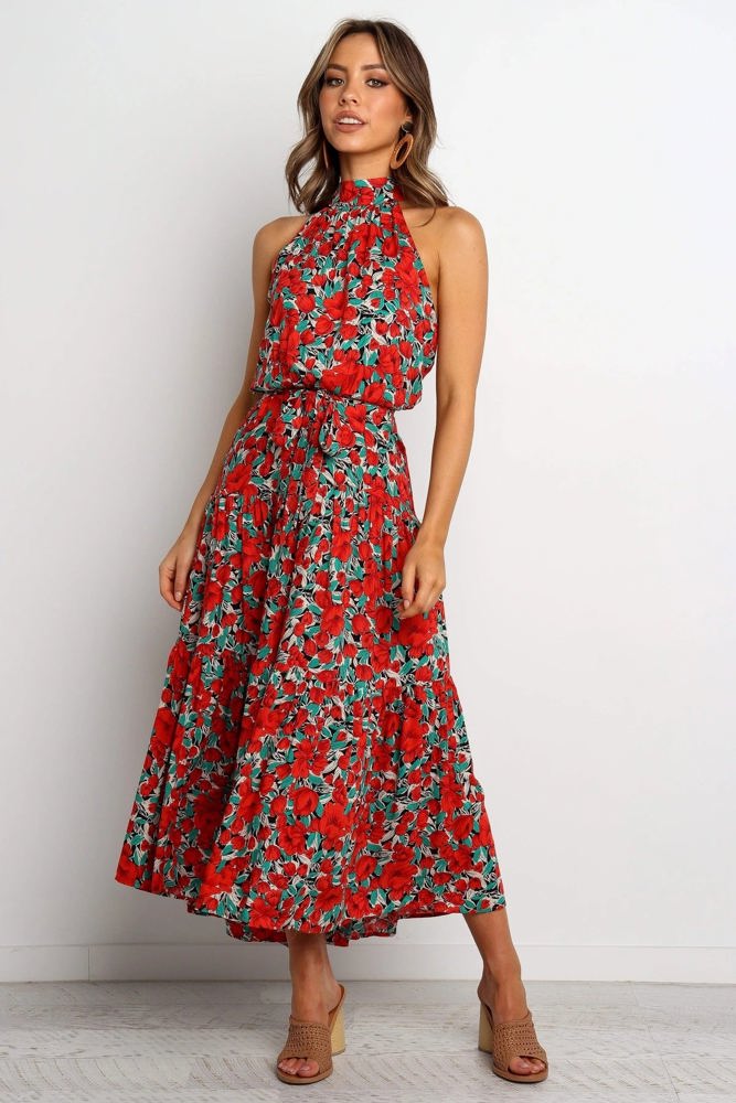 Halter Neck Maxi Dress with Floral Print and Tiered Skirt