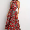 Red Large Halter Neck Maxi Dress with Floral Print and Tiered Skirt