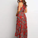 Red Large Halter Neck Maxi Dress with Floral Print and Tiered Skirt