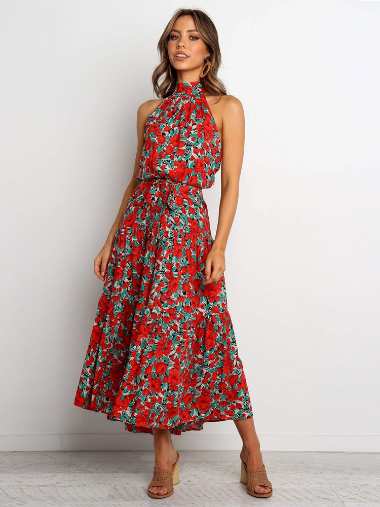 Halter Neck Maxi Dress with Floral Print and Tiered Skirt