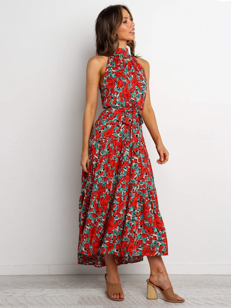 Halter Neck Maxi Dress with Floral Print and Tiered Skirt