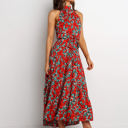 Red Medium Halter Neck Maxi Dress with Floral Print and Tiered Skirt