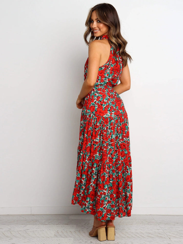 Halter Neck Maxi Dress with Floral Print and Tiered Skirt