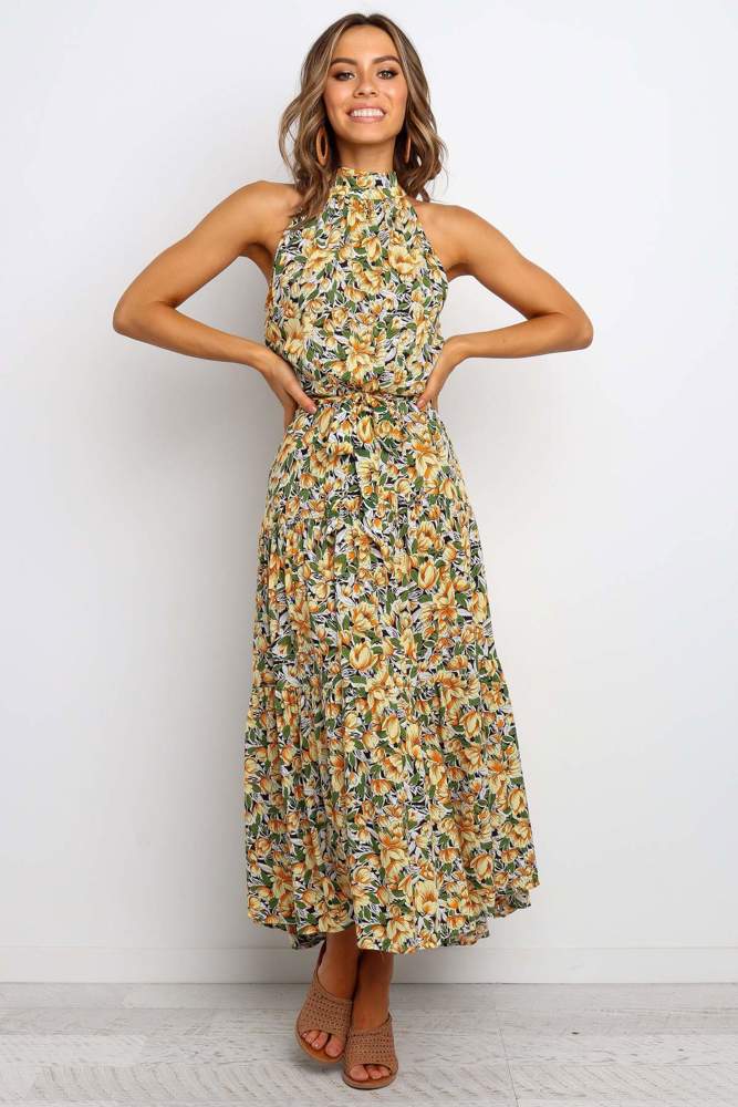 Halter Neck Maxi Dress with Floral Print and Tiered Skirt