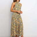 Yellow Large Halter Neck Maxi Dress with Floral Print and Tiered Skirt