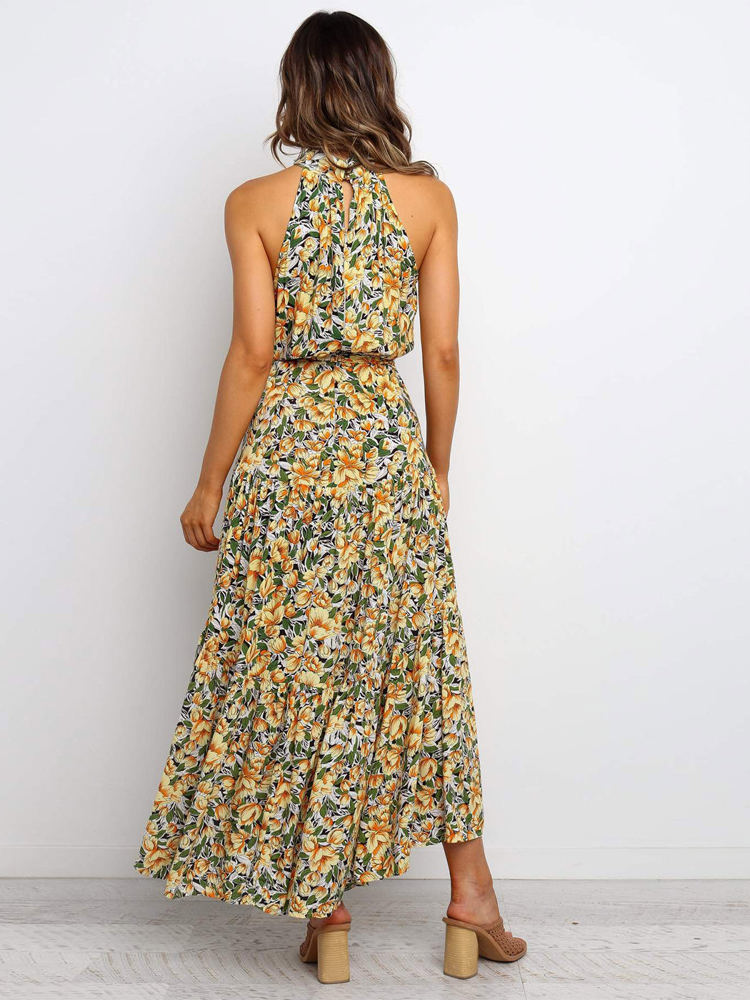 Halter Neck Maxi Dress with Floral Print and Tiered Skirt