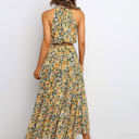 Yellow Large Halter Neck Maxi Dress with Floral Print and Tiered Skirt