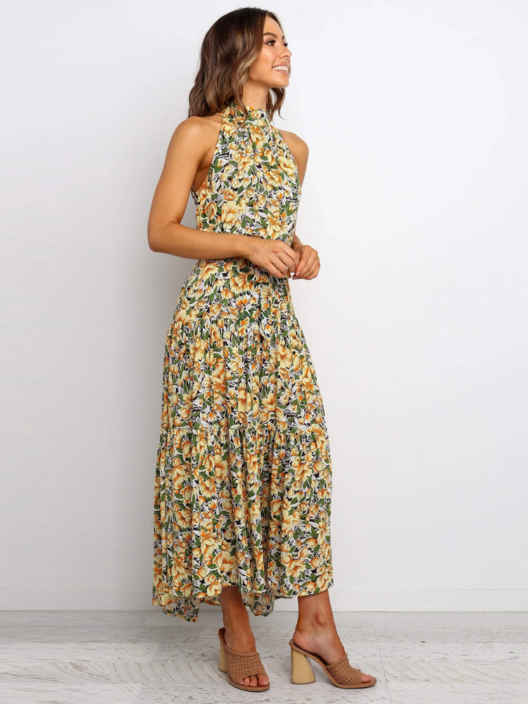 Halter Neck Maxi Dress with Floral Print and Tiered Skirt