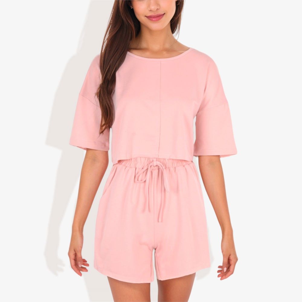 Casual Two-Piece Set Short Sleeve Crop Top and Elastic Waist Shorts