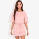 Pink Large Casual Two-Piece Set Short Sleeve Crop Top and Elastic Waist Shorts