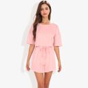 Pink Large Casual Two-Piece Set Short Sleeve Crop Top and Elastic Waist Shorts