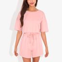 Pink Medium Casual Two-Piece Set Short Sleeve Crop Top and Elastic Waist Shorts